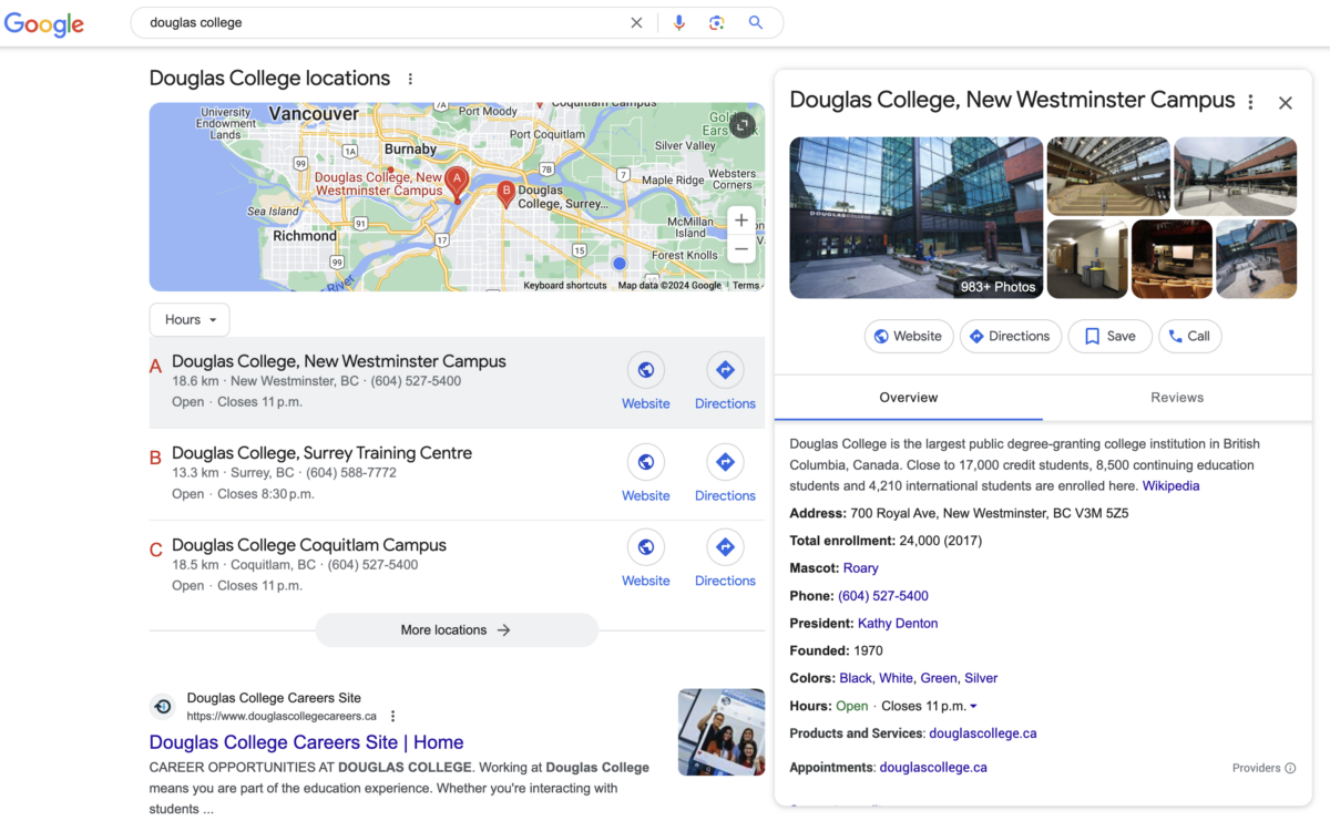 Example of Google Business Page for Douglas College